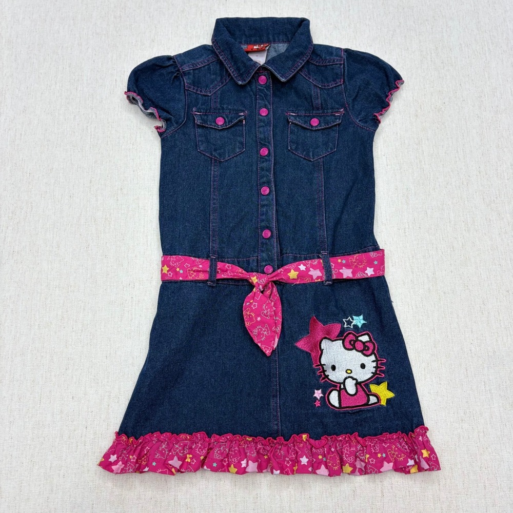 Hello Kitty Girls Denim Shirt Dress Blue Pink Ruffle Embroidered Size 12 Y2K